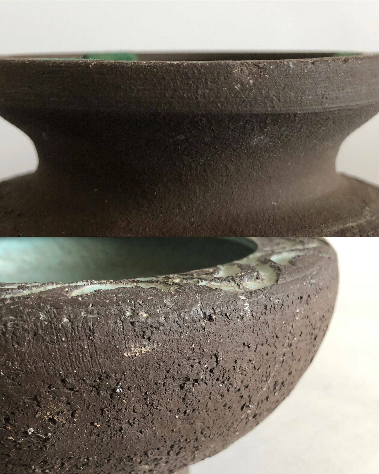 photo for sale Danish Mid Century Modern Original Fine Art Ceramic Studio Vase With Turquoise Glaze And Raw Clay   Made By Løvemose, Denmark