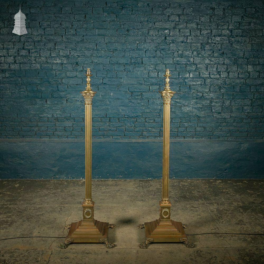 Brass Standard Lamps By Elkington & Co, Adjustable 19th C Neo Classical Corinthian Columns With Paw Feet photo for sale