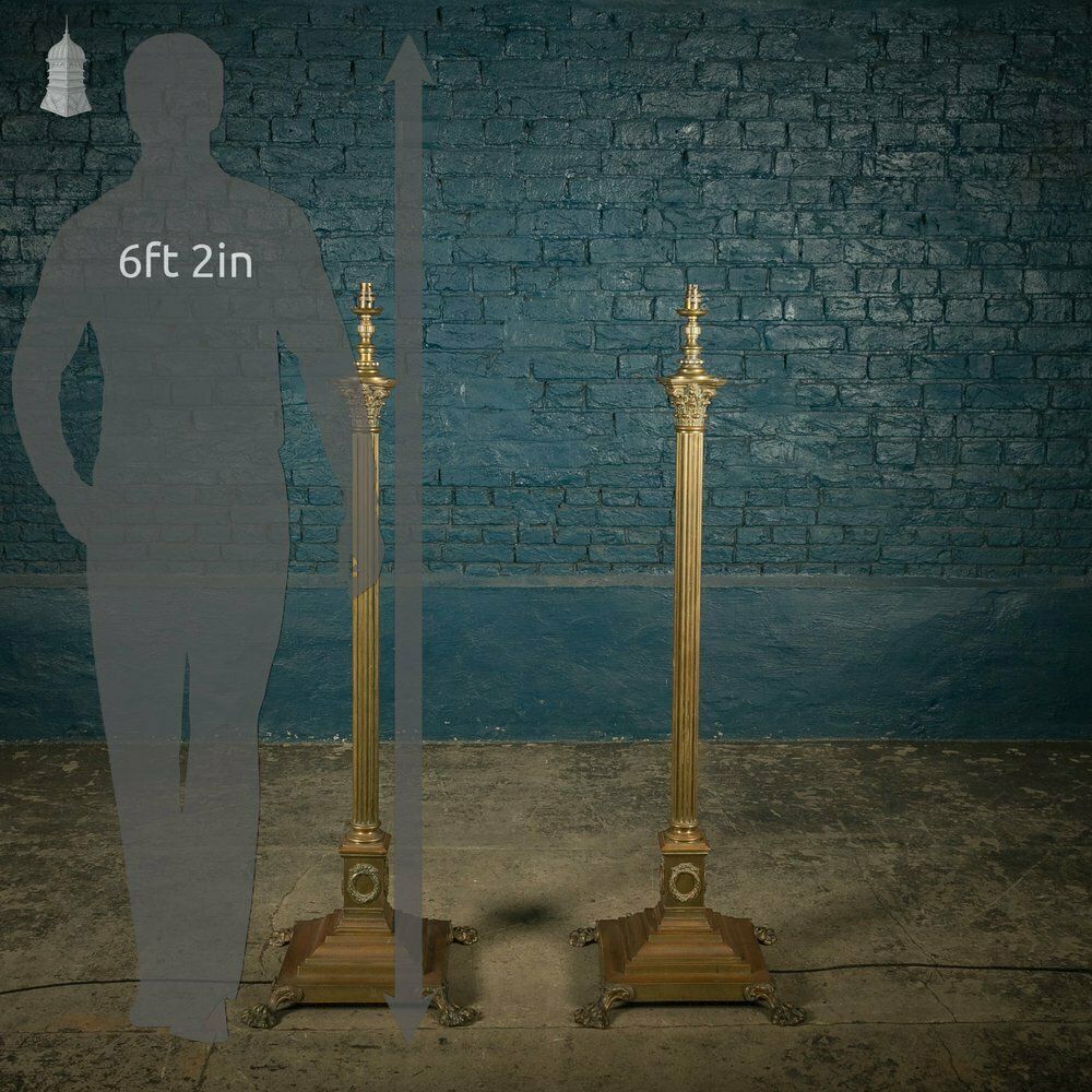 photo buy Brass Standard Lamps By Elkington & Co, Adjustable 19th C Neo Classical Corinthian Columns With Paw Feet