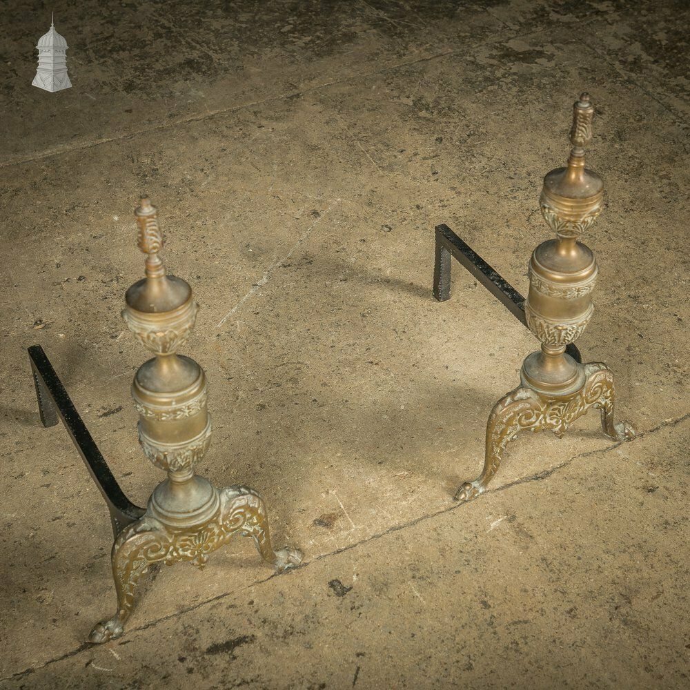 Fire Dog Andirons, Ornate Brass Pair