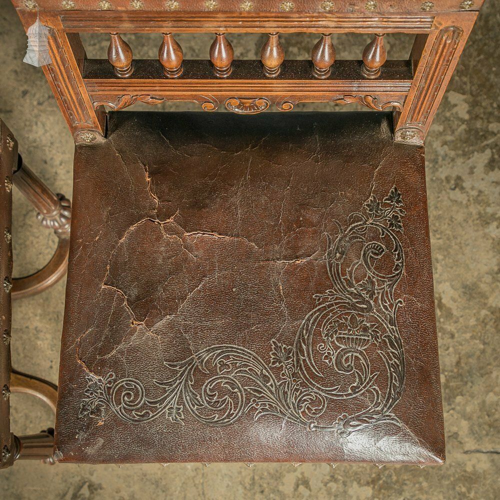 Carved Oak Chairs, 19th C With Embossed Studded Leather Seats, Set Of 4 photo Furniture