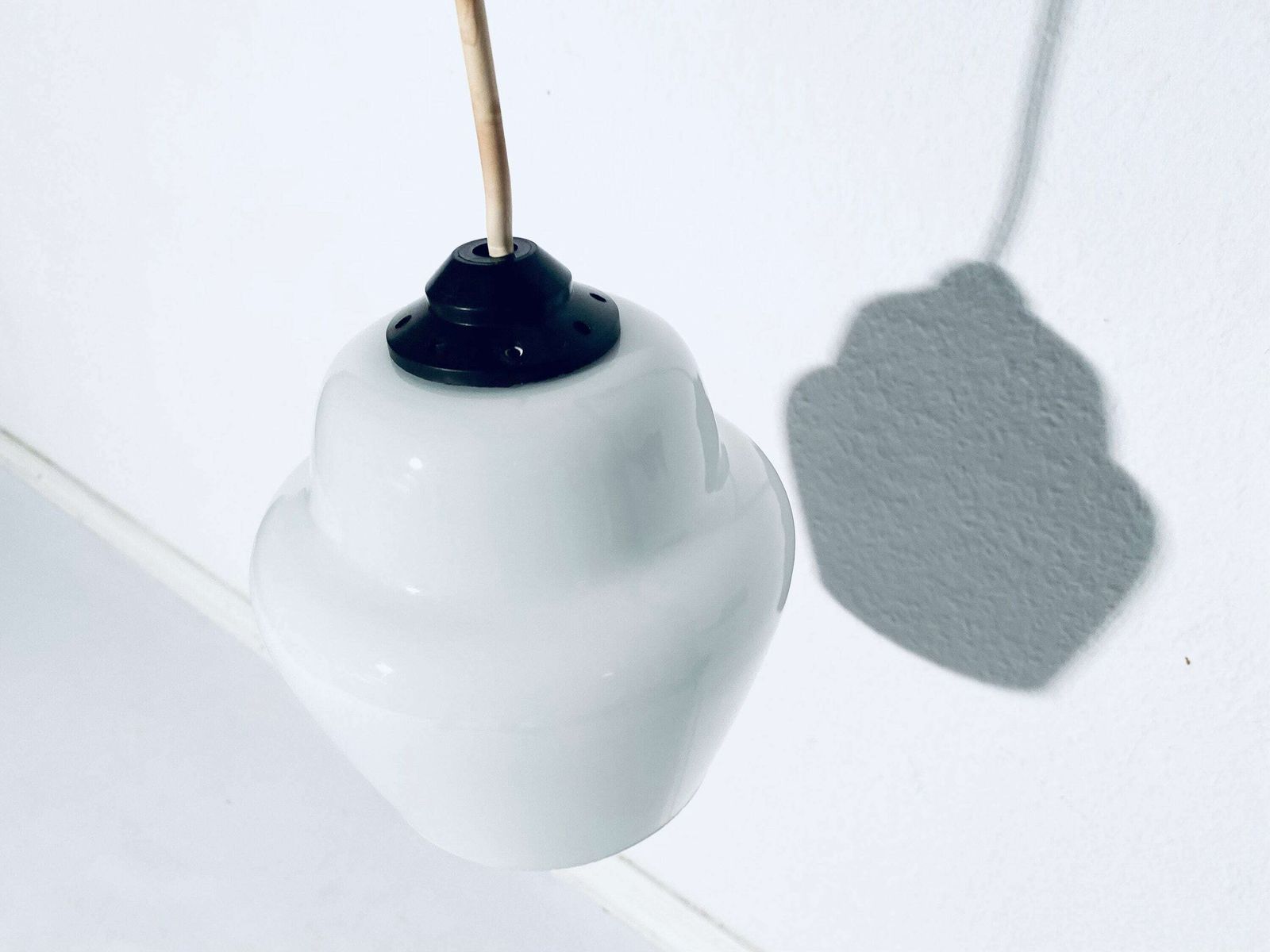 Elegant 1950s White Glass Hanging Lamp With Red Fixing / Mid Century Vintage Decor photo vintage