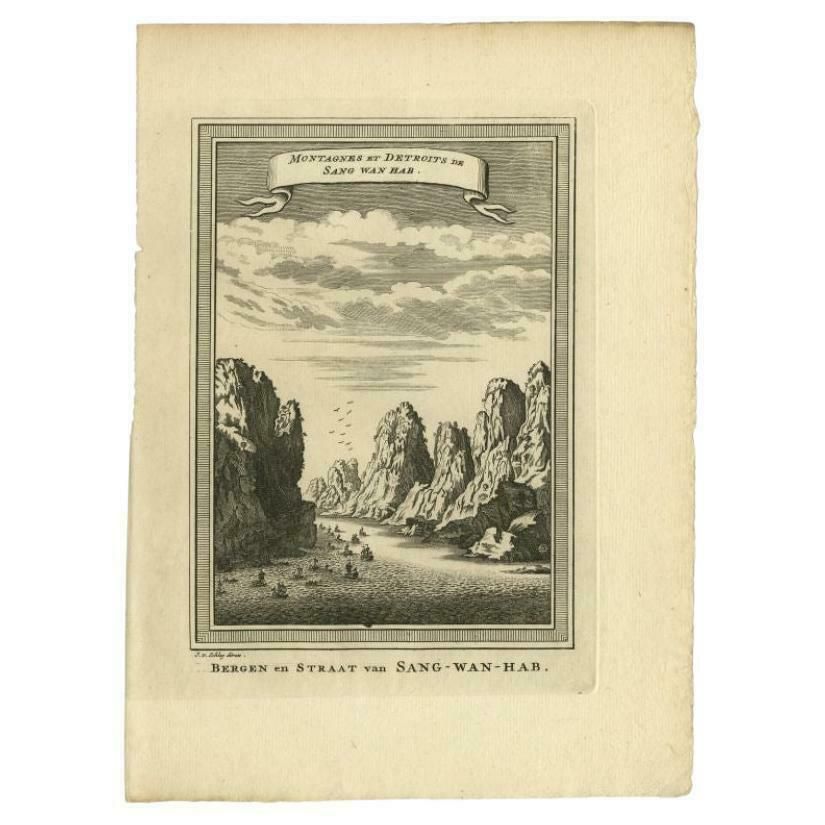 Antique Print Of The Mountains And Strait Of Sang Wan Hab By Van Schley, 1749