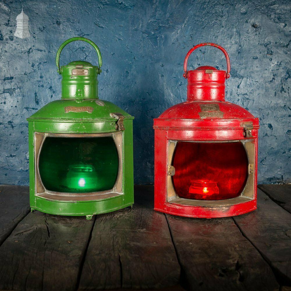 19th C Pair Of Port And Starboard Red And Green Daveys Patent Windproof Ship Lamps