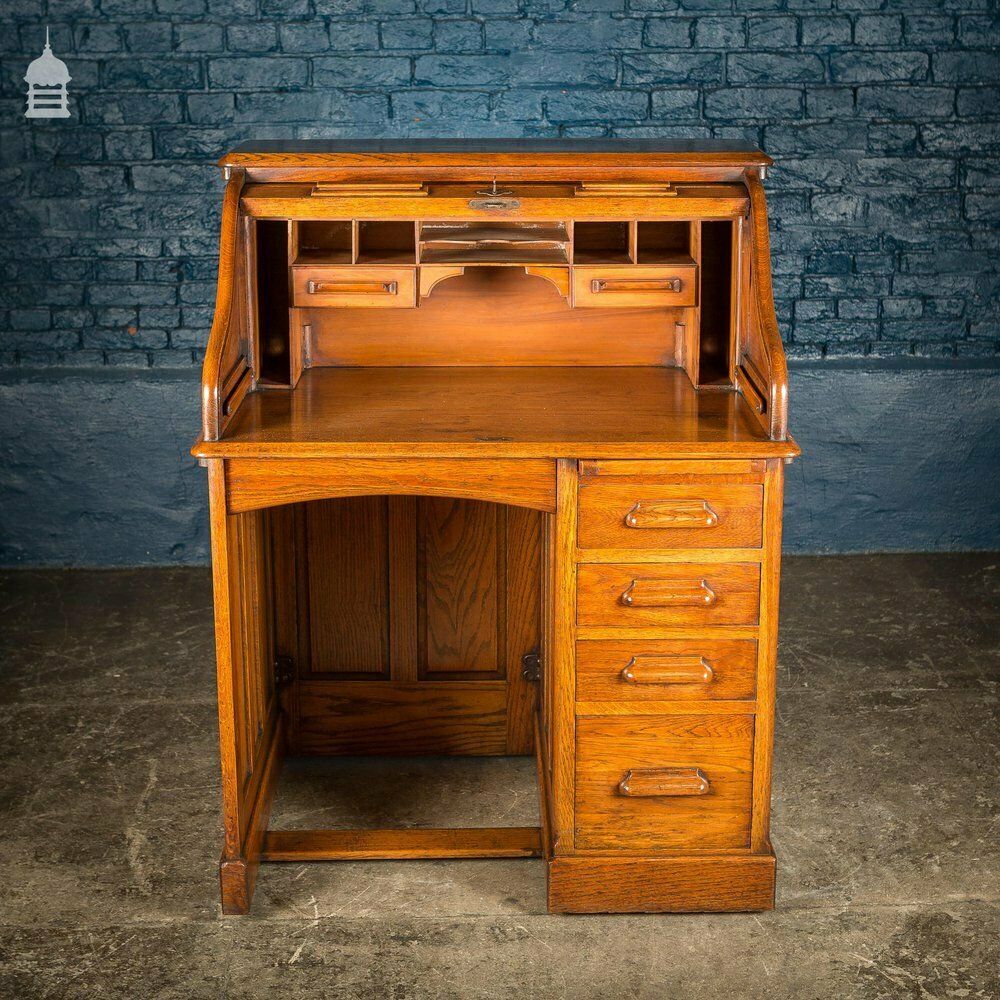 Edwardian Oak Tambour Front Roll Top Lebus Desk photo Furniture