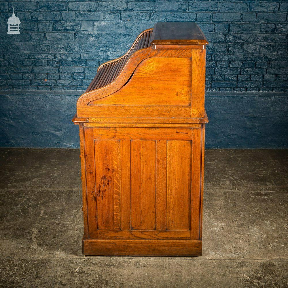 photo vinterior Edwardian Oak Tambour Front Roll Top Lebus Desk