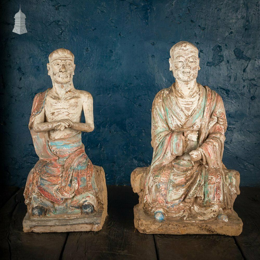 A Pair Of Chinese Early Ming Dynasty Luohans, Remnants Of Blue, Red And White Pigment Height 50cm
