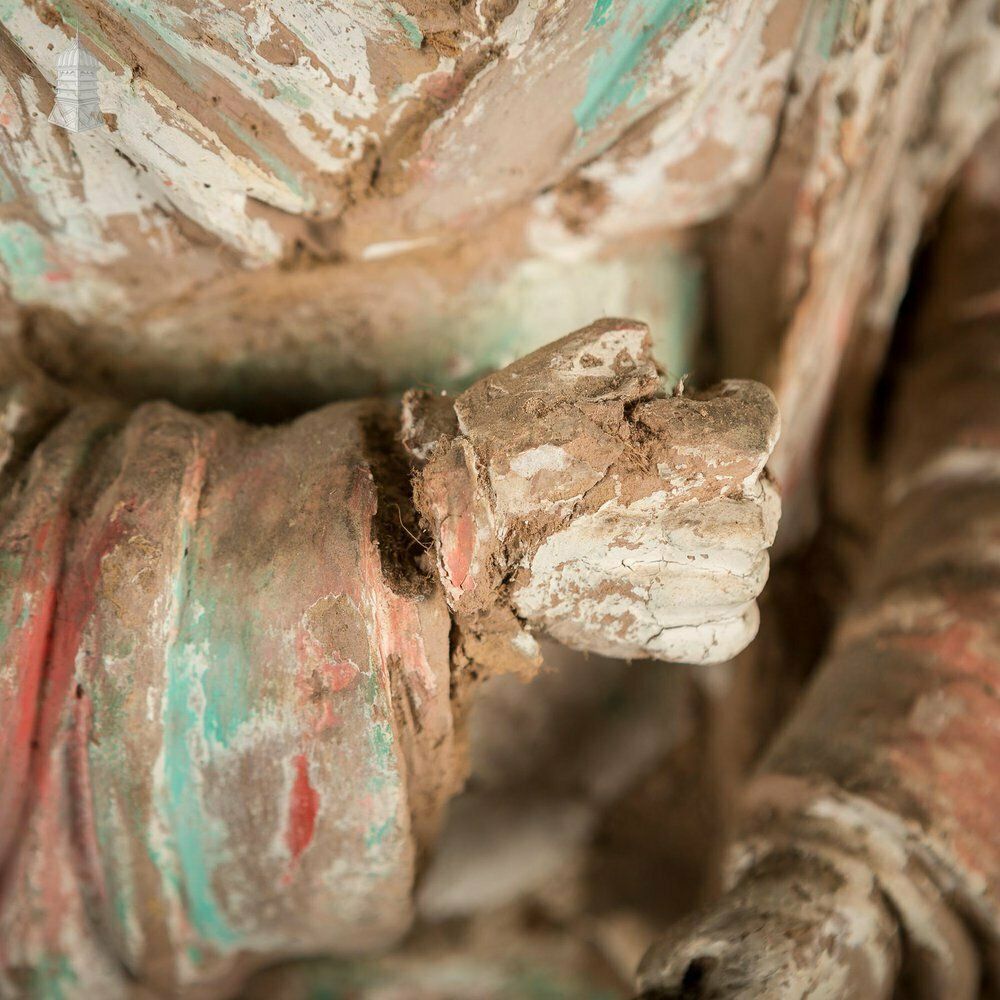 photo furniture A Pair Of Chinese Early Ming Dynasty Luohans, Remnants Of Blue, Red And White Pigment Height 50cm