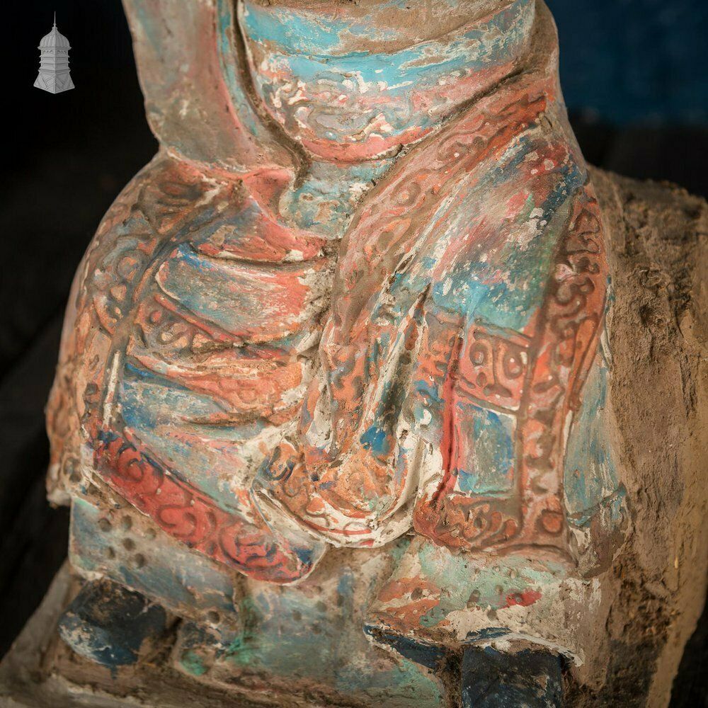 Art A Pair Of Chinese Early Ming Dynasty Luohans, Remnants Of Blue, Red And White Pigment Height 50cm photo
