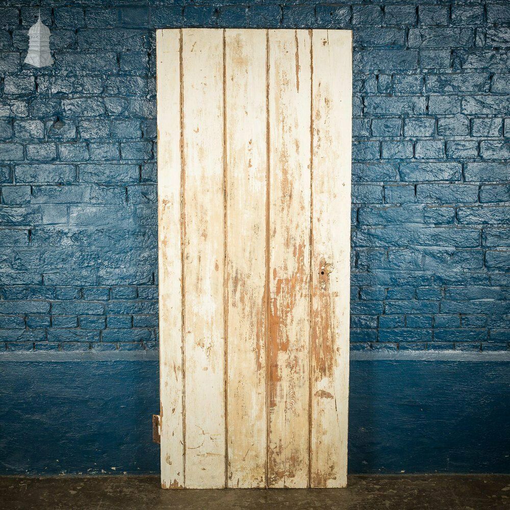 240.0 19th C Ledged And Braced Pine Cottage Door With White Distressed Paint Finish photo