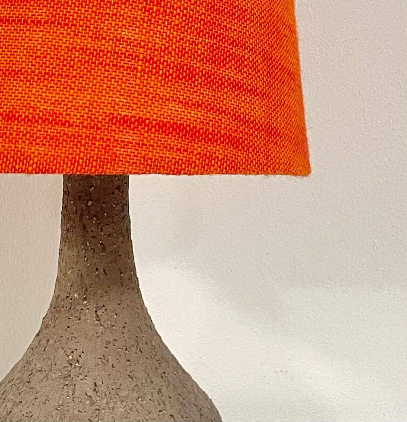 Danish Mid Century Vintage Design Ceramic Table Lamp In Organic Shape With Raw Clay And Beautiful Orange Fabric Drum Shade photo vinterior