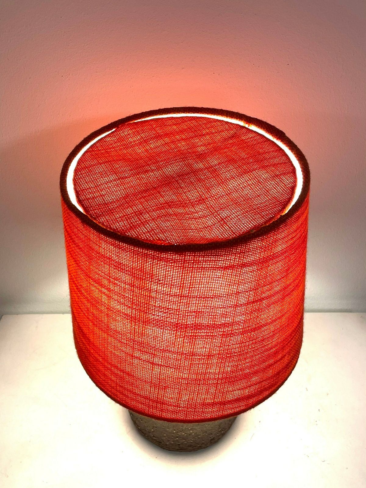 Danish Mid Century Vintage Design Ceramic Table Lamp In Organic Shape With Raw Clay And Beautiful Orange Fabric Drum Shade photo buy