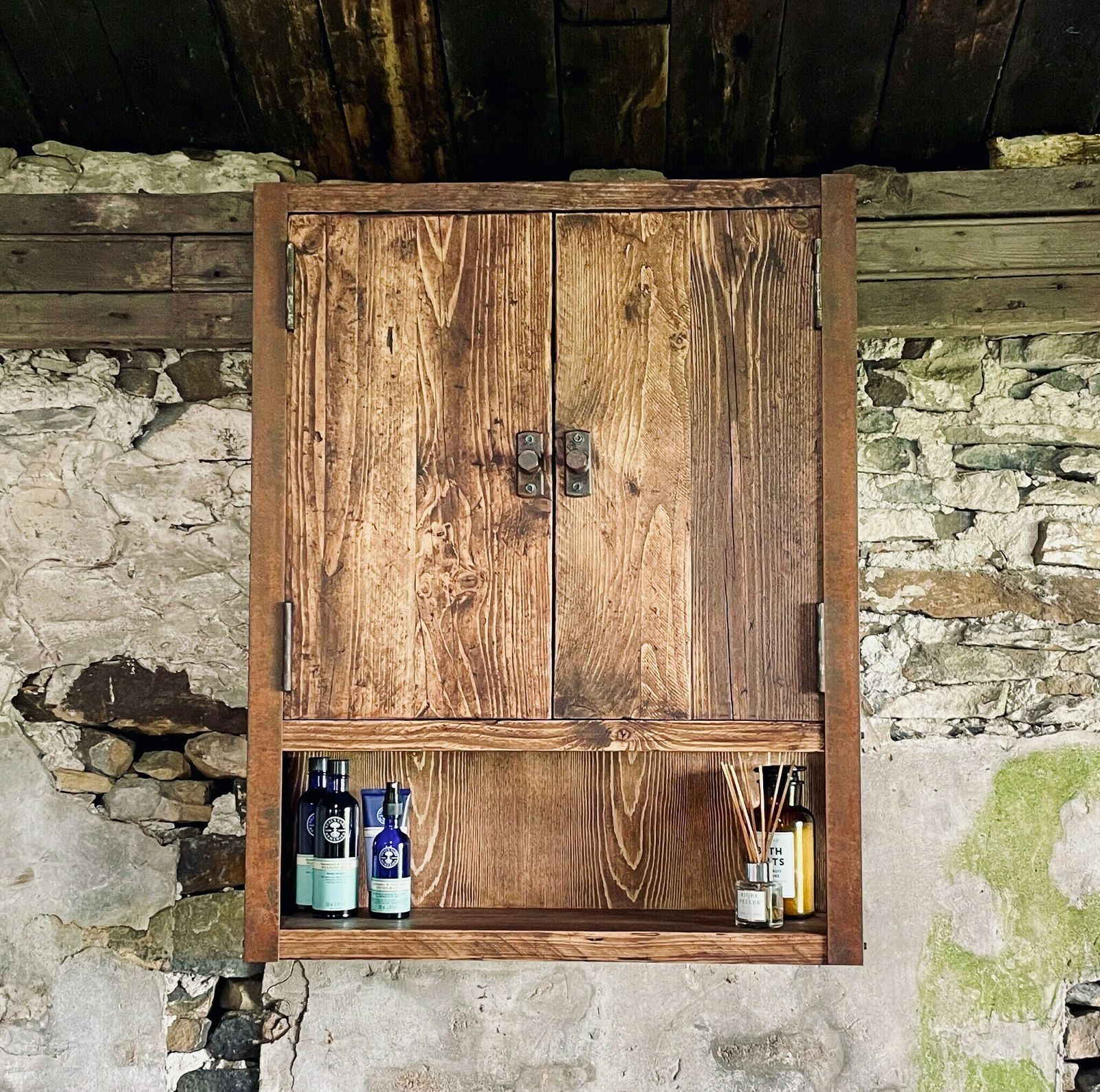 Harvey Industrial Reclaimed Scaffolding Board Shallow Wall Cupboard / Bathroom Cabinet With Rusty Angle Iron Sides photo for sale