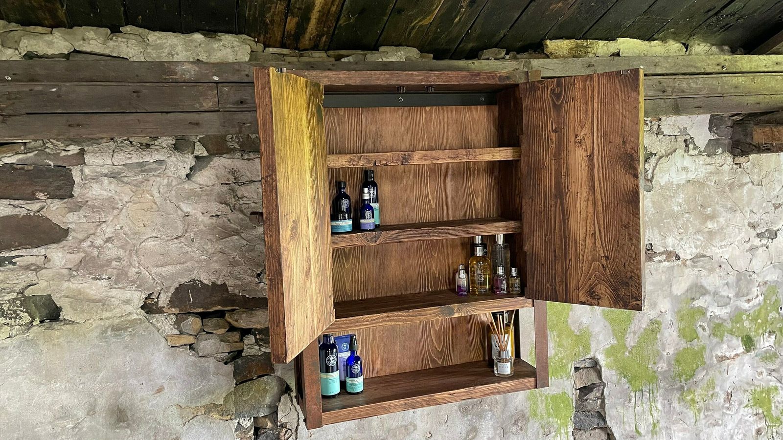 Harvey Industrial Reclaimed Scaffolding Board Shallow Wall Cupboard / Bathroom Cabinet With Rusty Angle Iron Sides photo buy