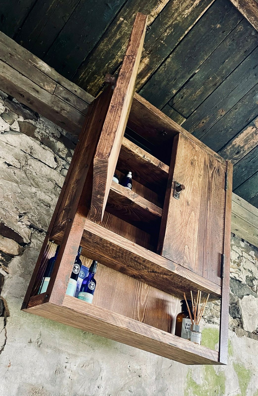 photo furniture Harvey Industrial Reclaimed Scaffolding Board Shallow Wall Cupboard / Bathroom Cabinet With Rusty Angle Iron Sides