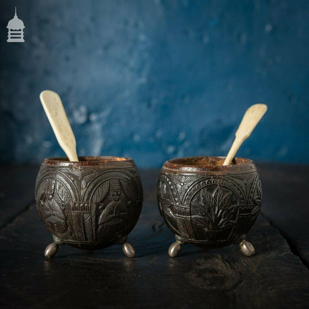 Pair Of Antique South East Asian Carved Coconut Cups On Silver Feet