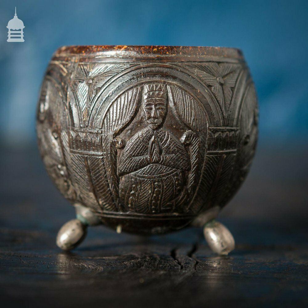 Pair Of Antique South East Asian Carved Coconut Cups On Silver Feet photo 870.0