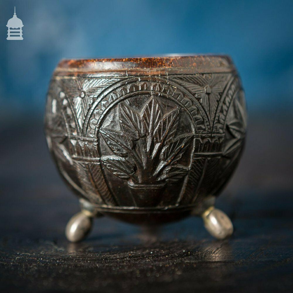 photo for sale Pair Of Antique South East Asian Carved Coconut Cups On Silver Feet