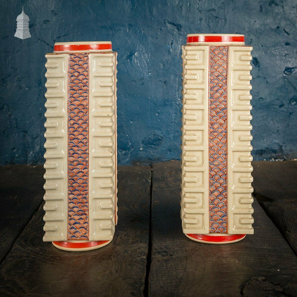 photo buy Pair Of Cream And Red Geometric Japanese Vases