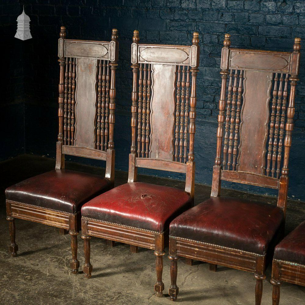 Set Of 6 19th C French Tall Back Dining Chairs With Worn Leather Seat Pads photo furniture