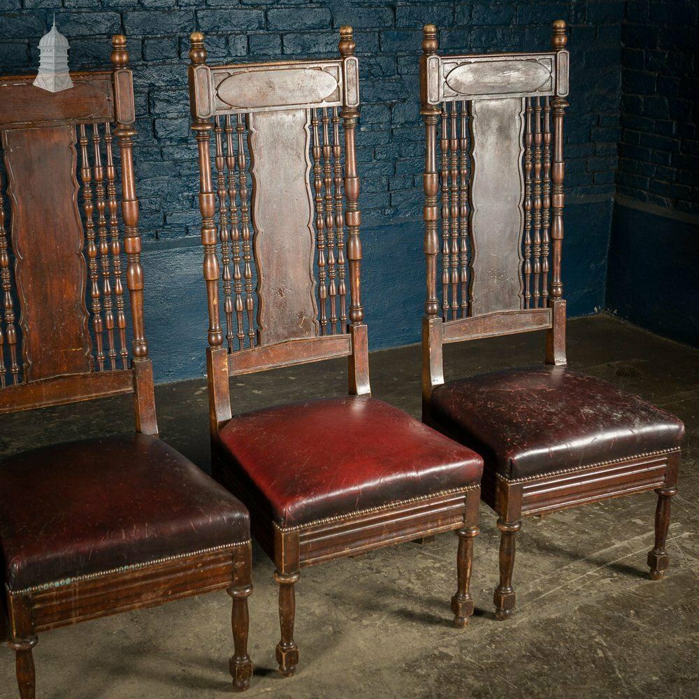 Set Of 6 19th C French Tall Back Dining Chairs With Worn Leather Seat Pads photo for sale
