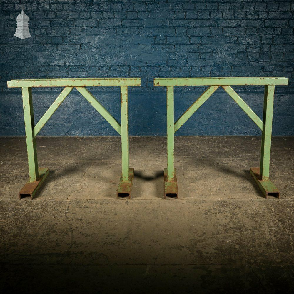 Pair Of Large Green Painted Heavy Duty Steel Industrial Workshop Trestles photo furniture