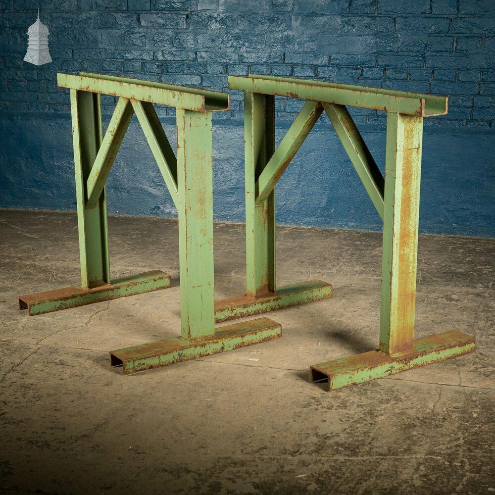 Pair Of Large Green Painted Heavy Duty Steel Industrial Workshop Trestles photo for sale