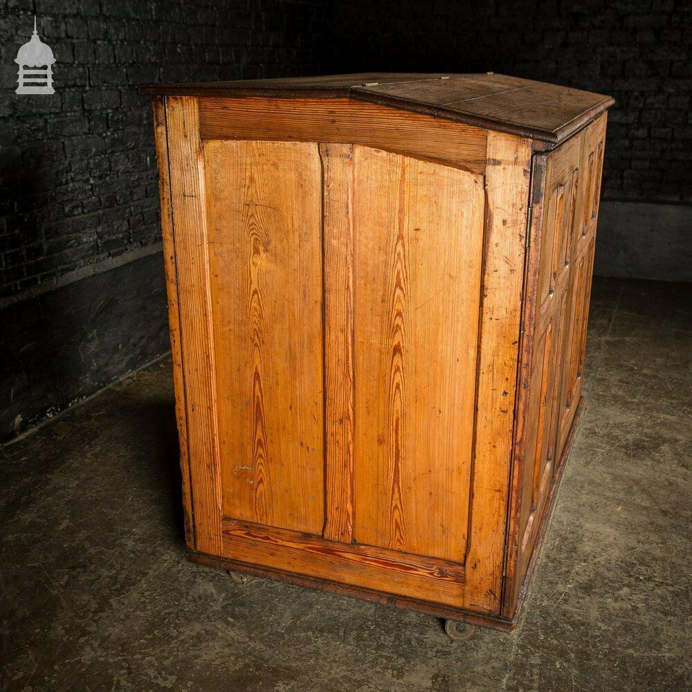 Large 19th C Figured Pitch Pine Ecclesiastical Cupboard With Double Doors, Opening Top And Metal Castors photo 1140.0