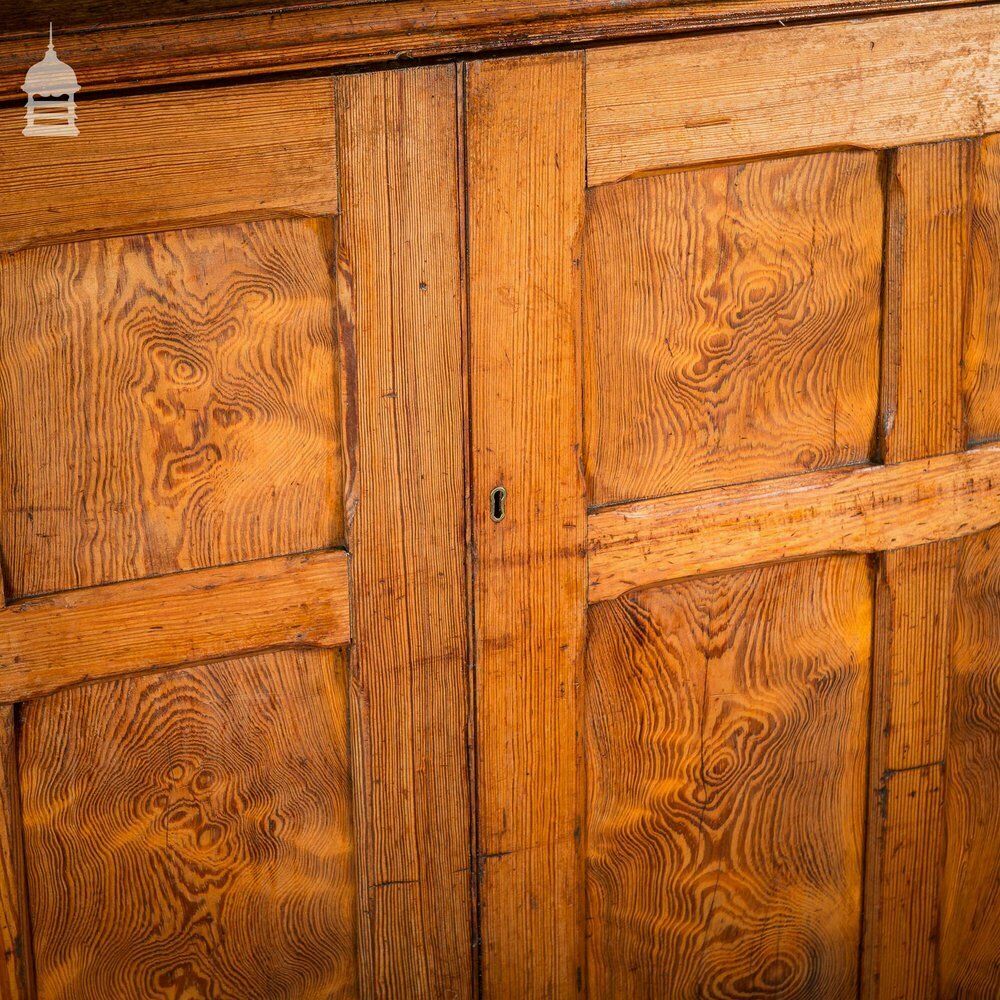 photo furniture Large 19th C Figured Pitch Pine Ecclesiastical Cupboard With Double Doors, Opening Top And Metal Castors