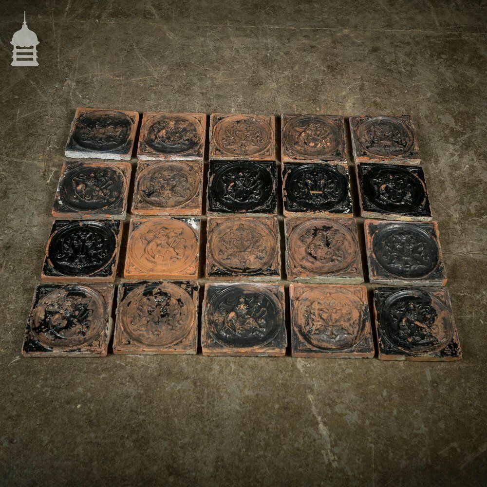 Set Of 22 19th C Decorative 7 Inch Terracotta Tiles With Flakey Paint photo vinterior