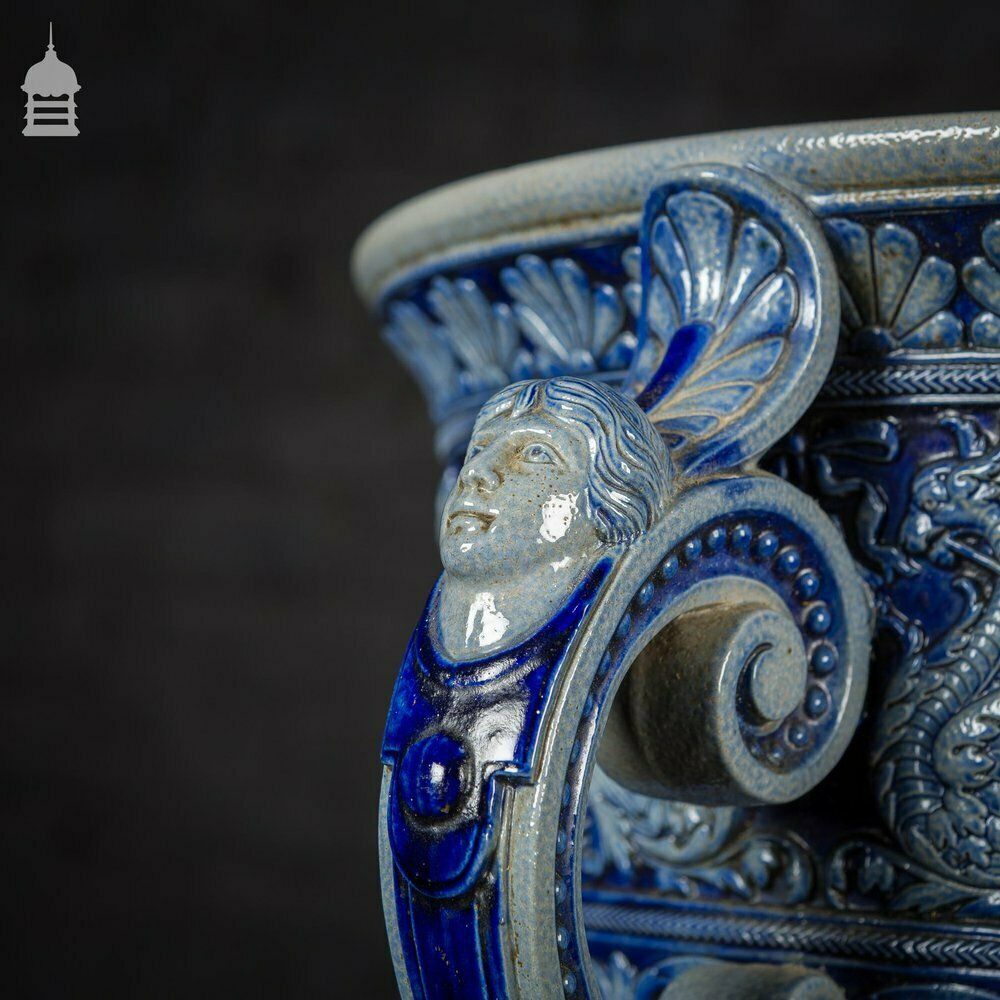 Ornate 19th C Doulton Lambeth Style Blue And White Jardinière photo for sale