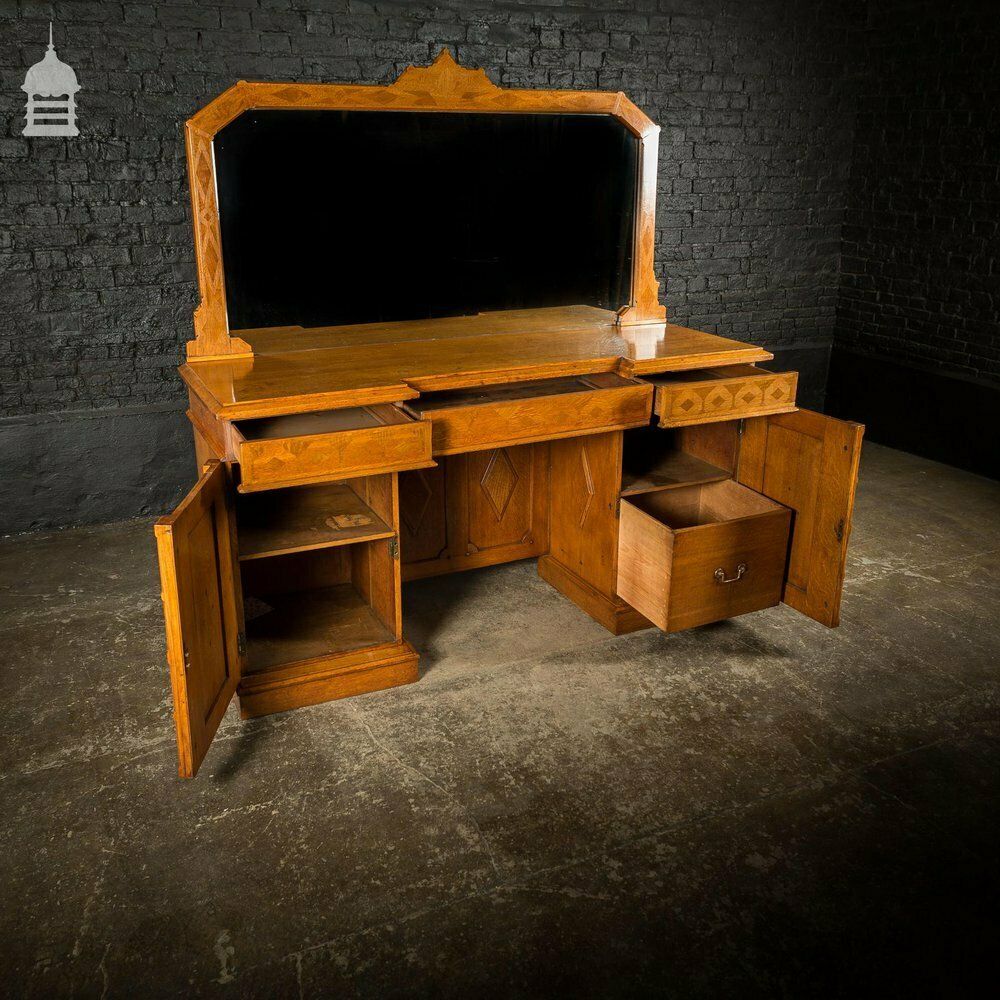 Arts And Crafts Oak With Inlaid Teak Pedestal Sideboard With Mirror From Norwich Cathedral photo for sale