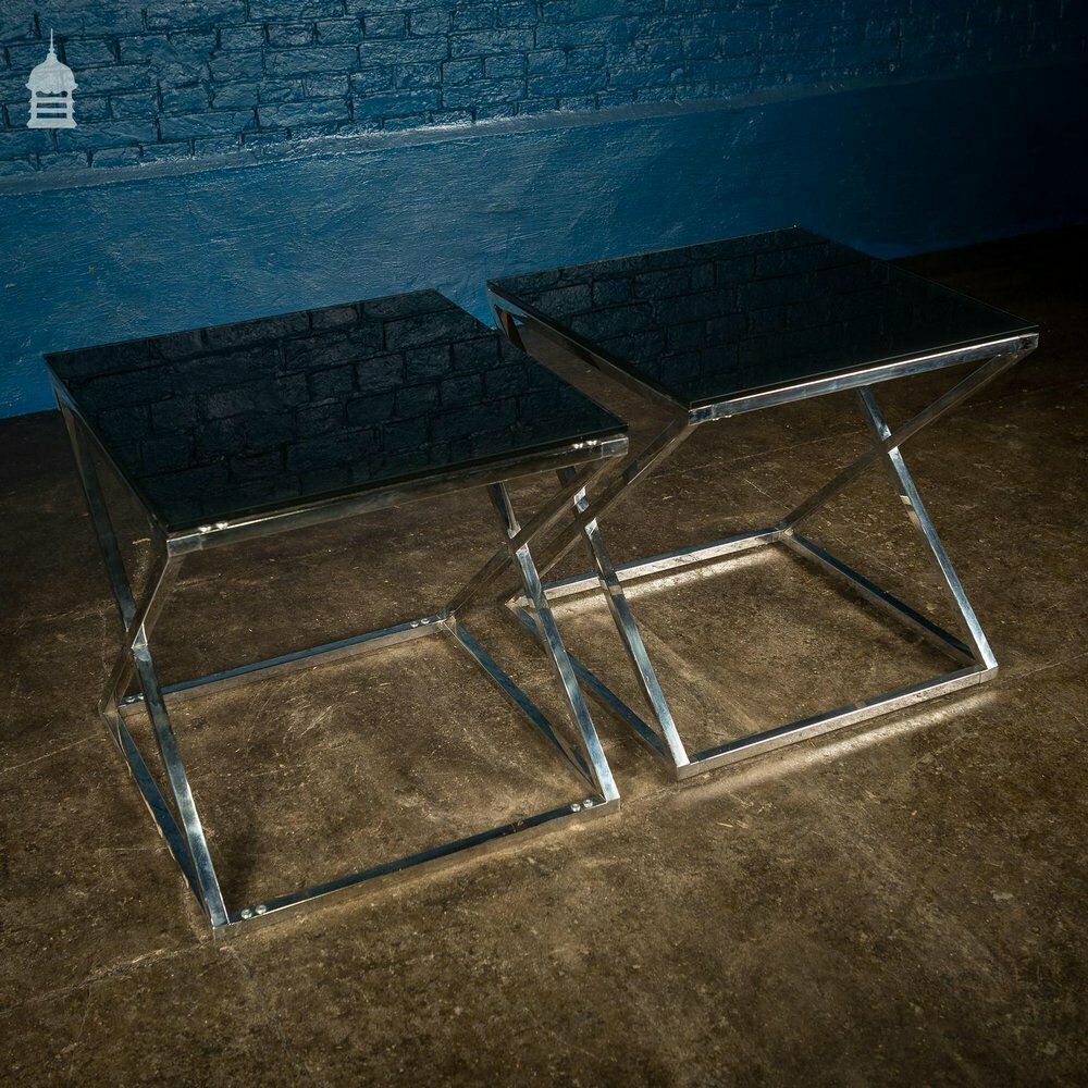 photo for sale Pair Of Modern Glass Top Tables On Contemporary Chrome Bases