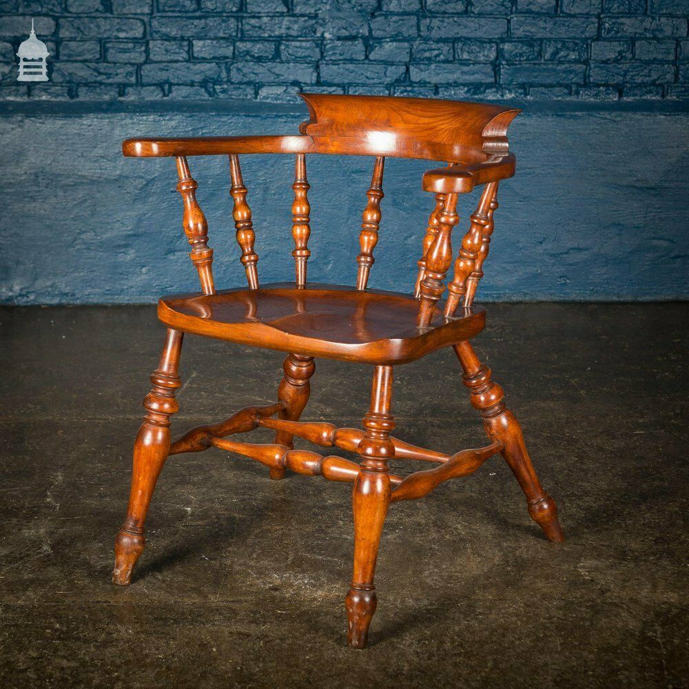 19th C Elm Captain’s Bow Seat Smokers Chair With Turned Arm Supports And Double H Stretcher photo vintage