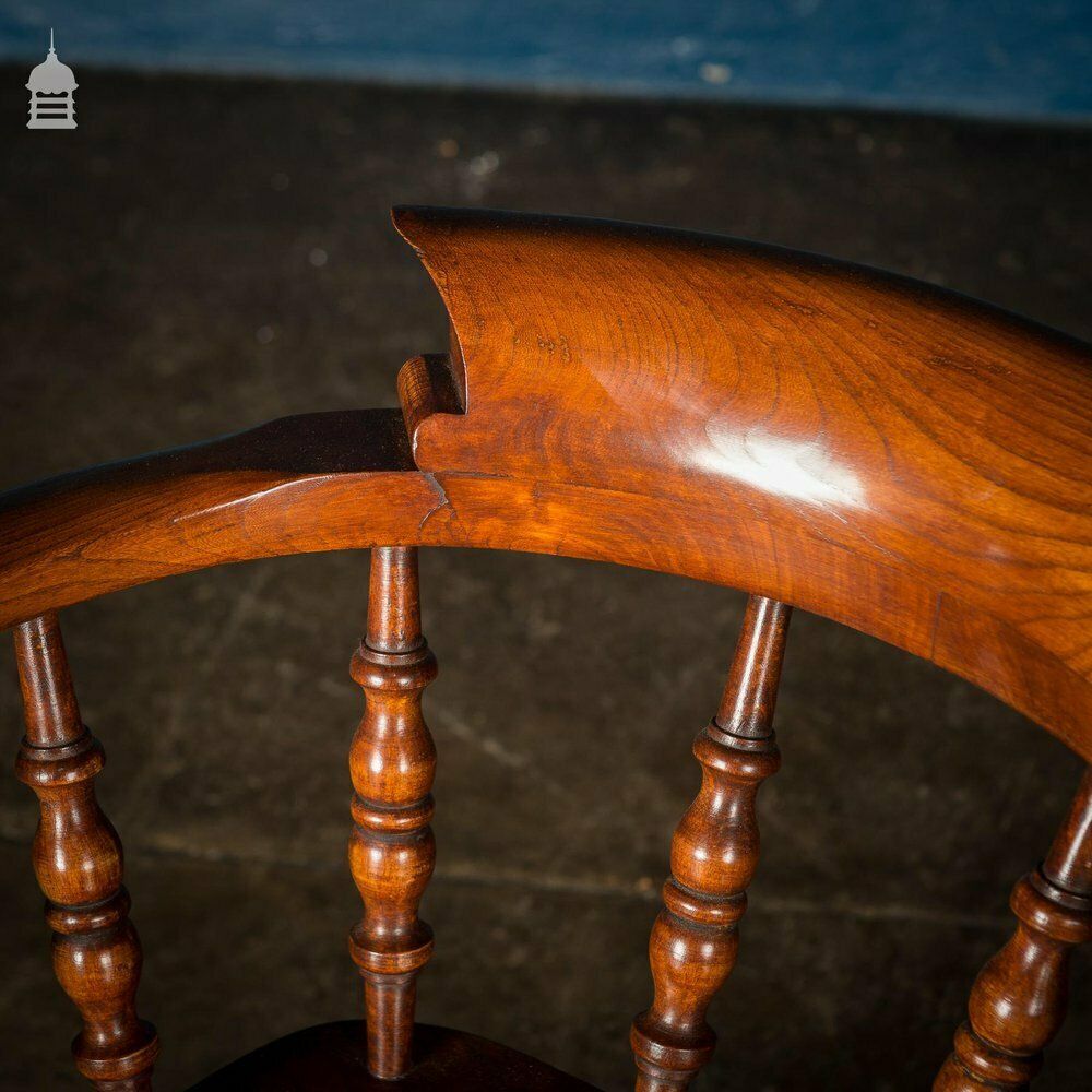 photo for sale 19th C Elm Captain’s Bow Seat Smokers Chair With Turned Arm Supports And Double H Stretcher