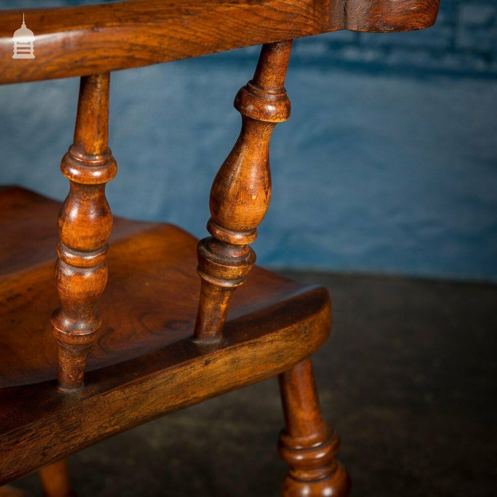 photo vinterior 19th C Elm Captain’s Bow Seat Smokers Chair With Turned Arm Supports And Double H Stretcher