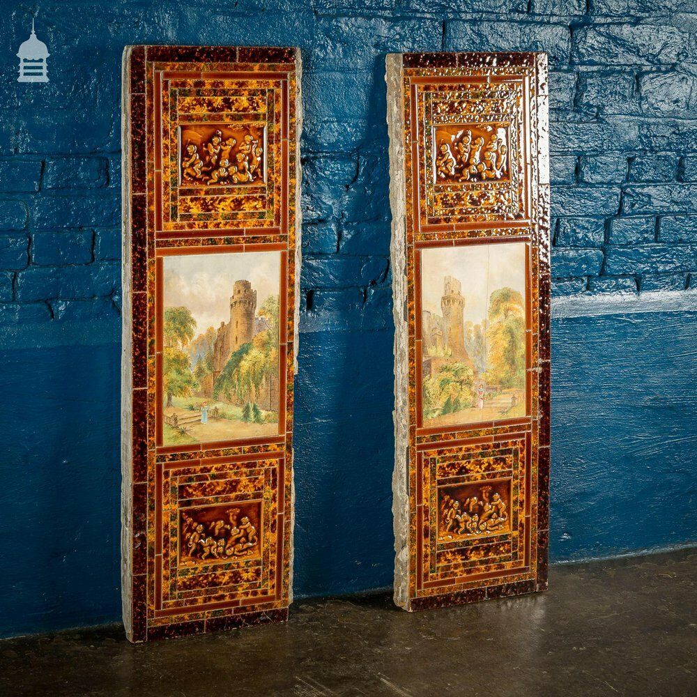Pair Of Late 19th C Ceramic Fireplace Tile Reliefs With Individual Details photo buy