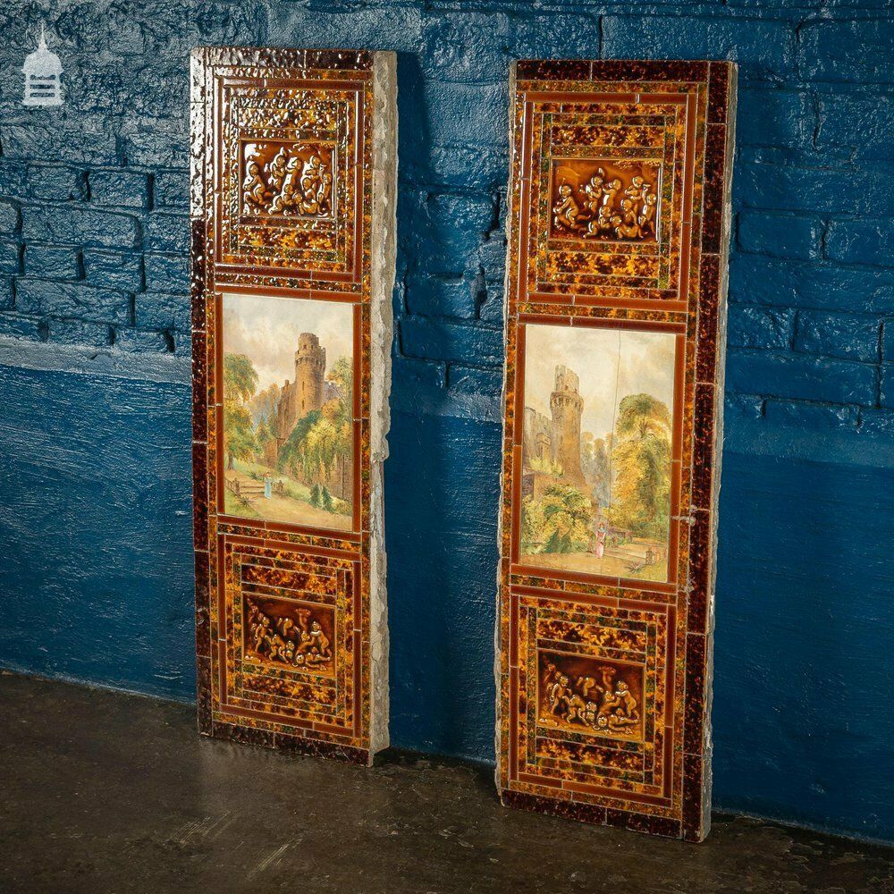 Pair Of Late 19th C Ceramic Fireplace Tile Reliefs With Individual Details photo vintage