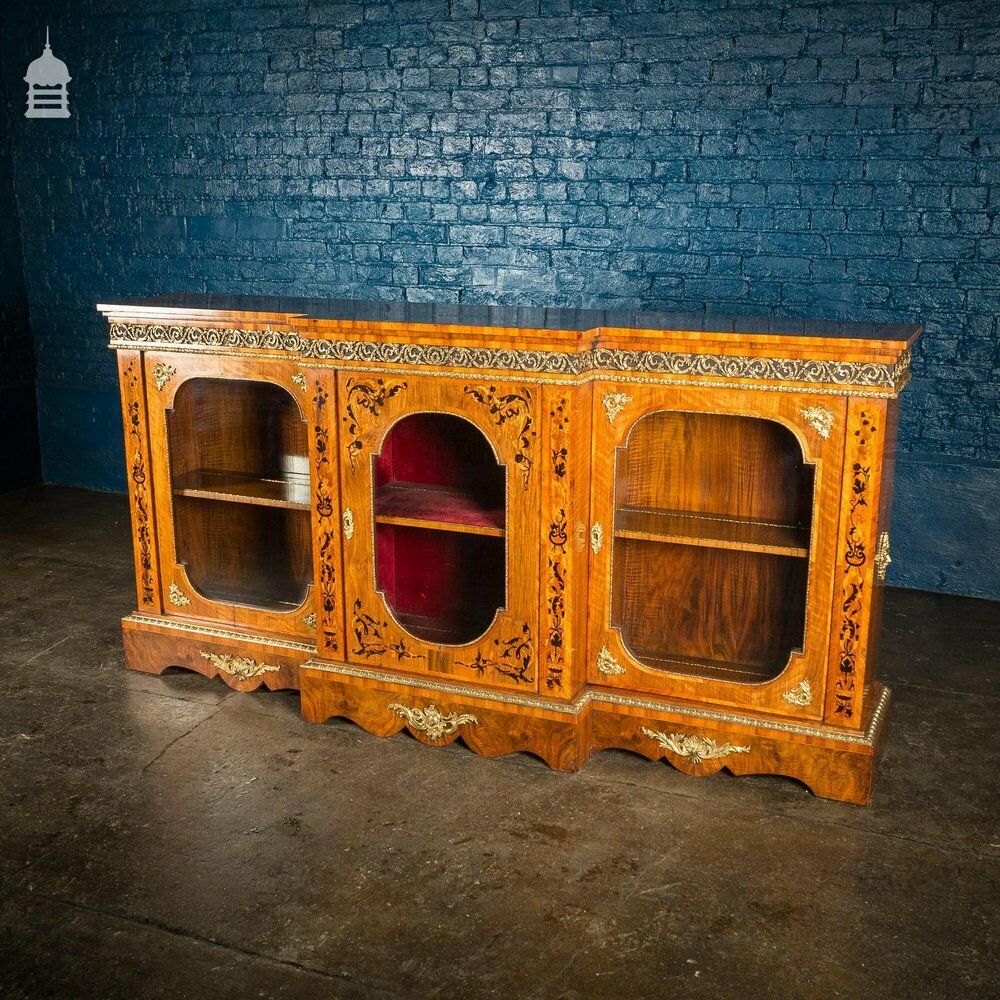 19th C French Empire Walnut Credenza With Intricate Marquetry And Brass Reliefs photo vintage