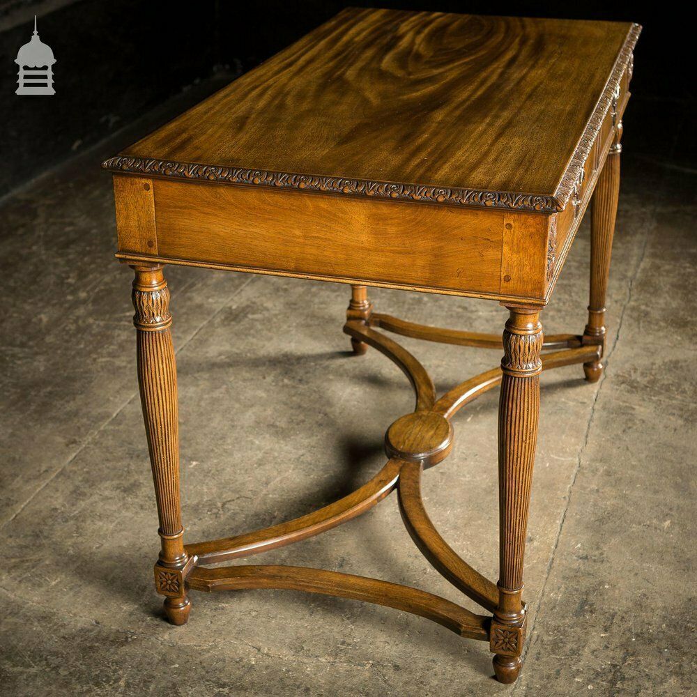 A Fine Late 19th C Sheraton Style Writing Table With Carved Prince Of Wales Feathers Escutcheons And Elegant Mellon Fluted Legs. photo vinterior