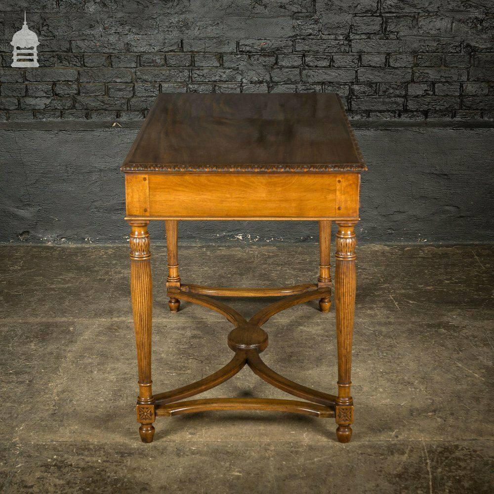 A Fine Late 19th C Sheraton Style Writing Table With Carved Prince Of Wales Feathers Escutcheons And Elegant Mellon Fluted Legs. photo vintage