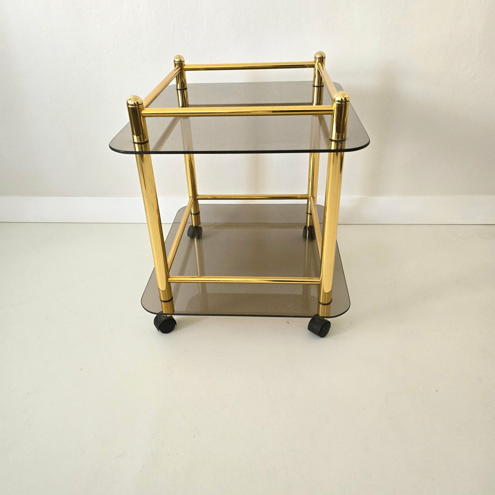 Vintage Hollywood Regency Amazing Brass Trolley Bar Cart With Smoked Glasses photo Furniture