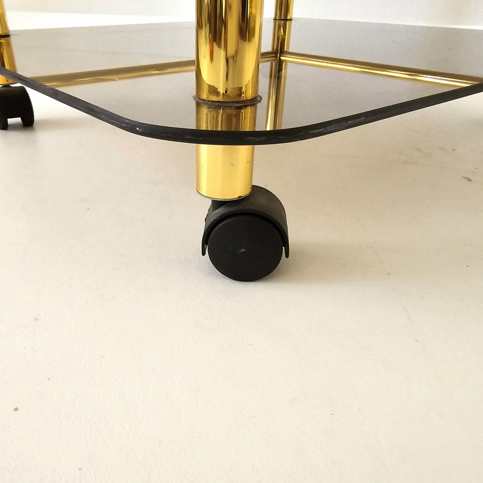 Vintage Hollywood Regency Amazing Brass Trolley Bar Cart With Smoked Glasses photo buy