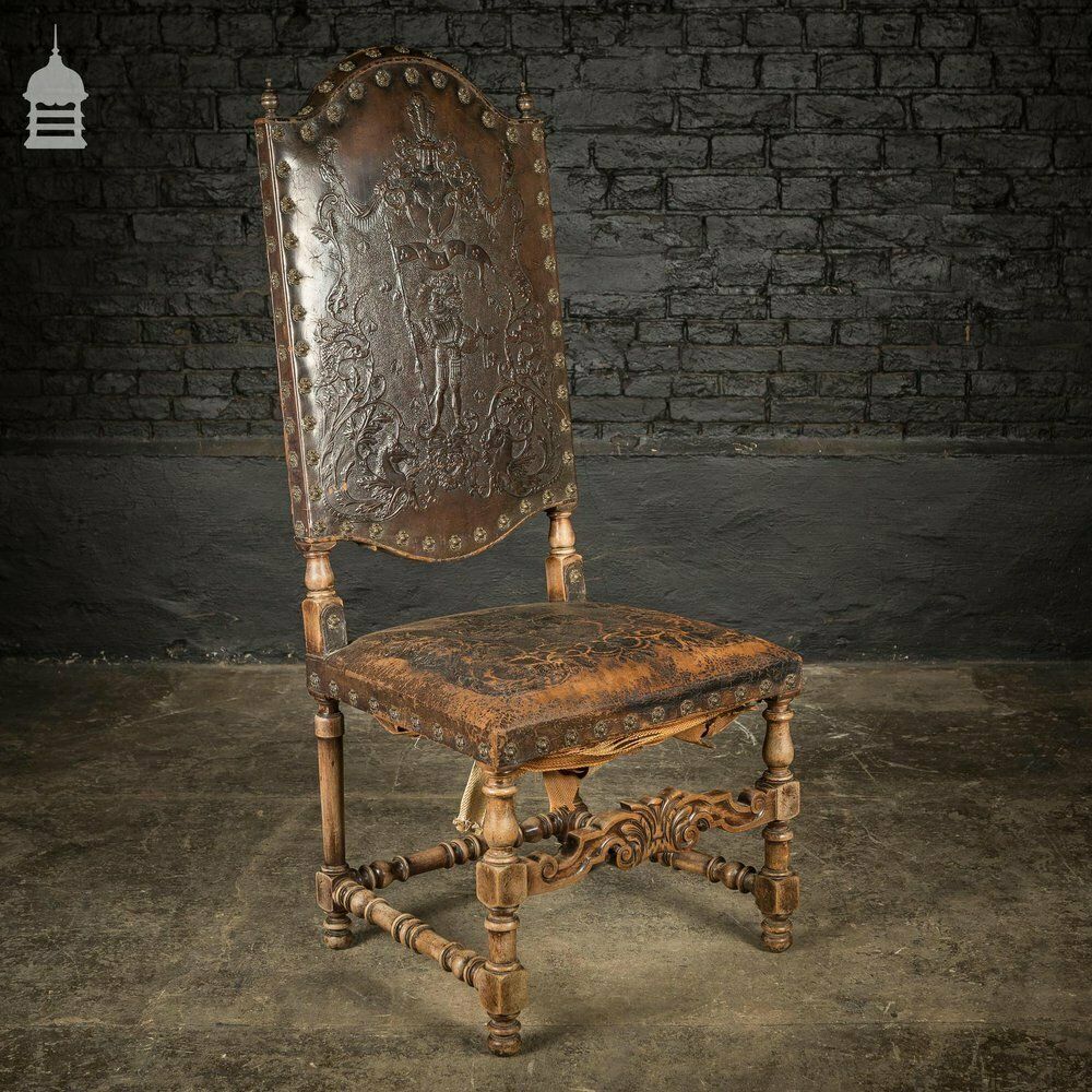 19th C Spanish Studded Throne Chair With Embossed Leather photo Furniture