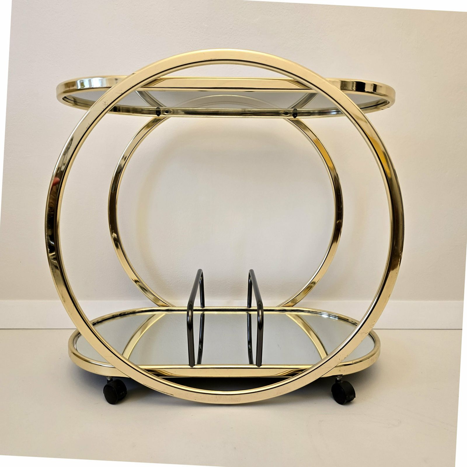 Vintage Hollywood Regency Grote Messing Trolley Barcart Met Rookglas En Spiegel photo Meubels