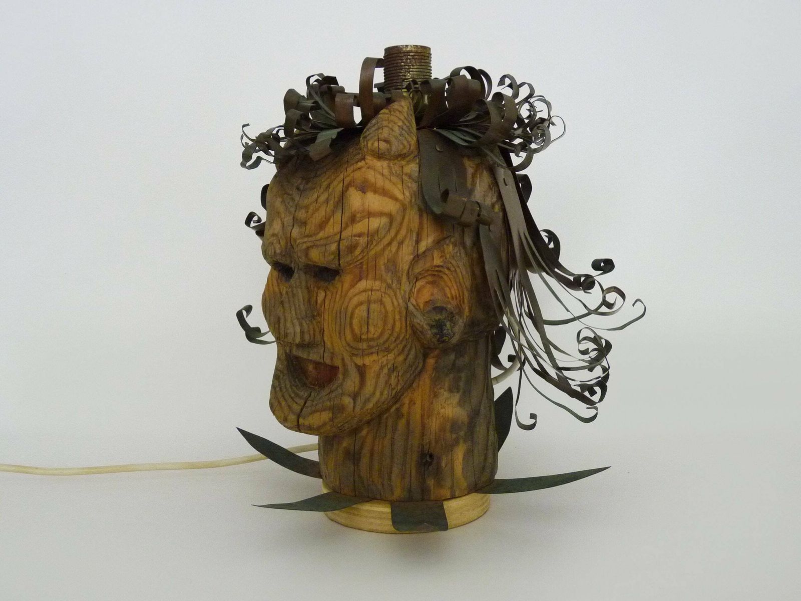 Unique Piece. Wooden Lamp And Metal Hair With Devil's Head "Self Portrait" photo for sale
