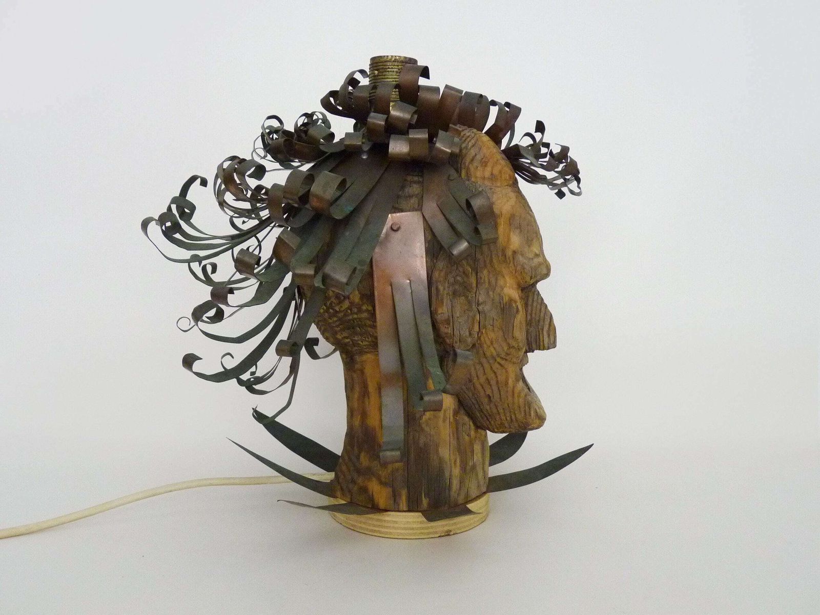 Unique Piece. Wooden Lamp And Metal Hair With Devil's Head "Self Portrait" photo Lighting