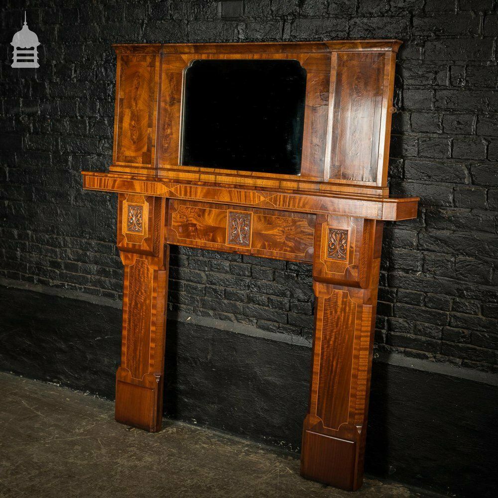 Circa 1900 Inlaid Mahogany Fire Surround With Mirrored Overmantel
