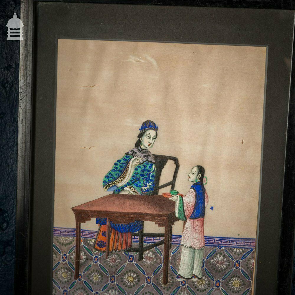 19th C Vibrant High Quality Oriental Watercolor On Pith Paper Framed Painting photo 1200.0