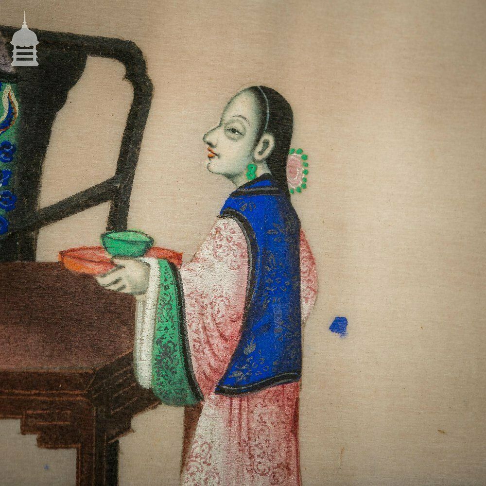 photo vinterior 19th C Vibrant High Quality Oriental Watercolor On Pith Paper Framed Painting